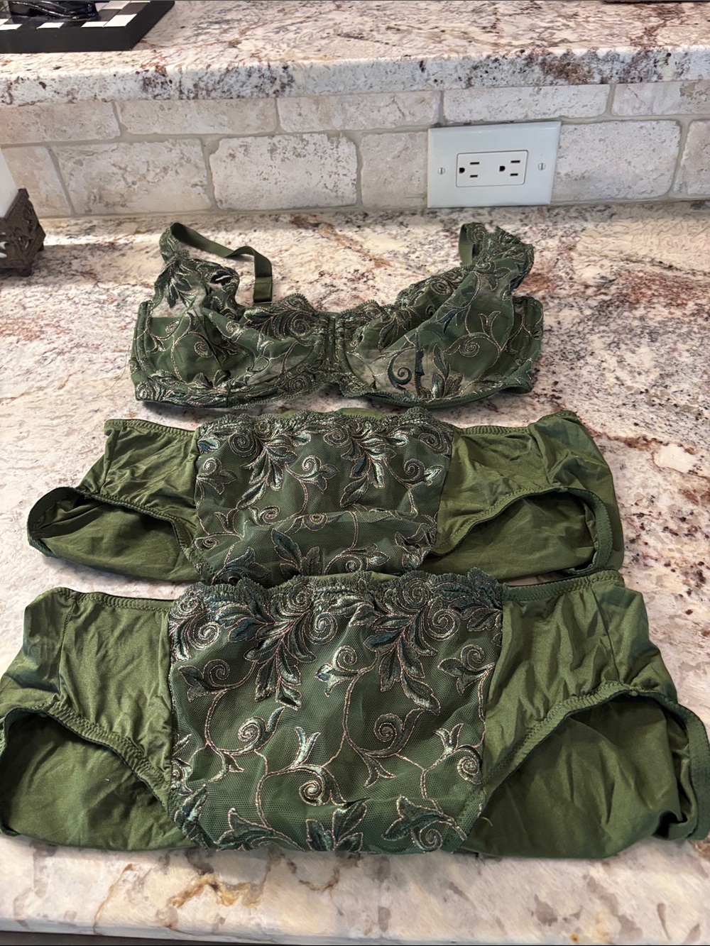 Embroidered Olive Green Bra & Brief Set with gold threads. Women Intimates